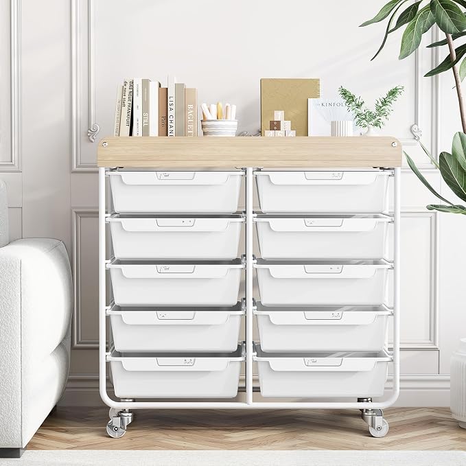 10-Drawer Rolling Cart, Art Cart with Wood Top & Side Handle, Multi-Purpose Craft Organizers and Storage with Lockable Wheels for Classroom, Dormitory, Craft Room and Art Supplies Organization(White)