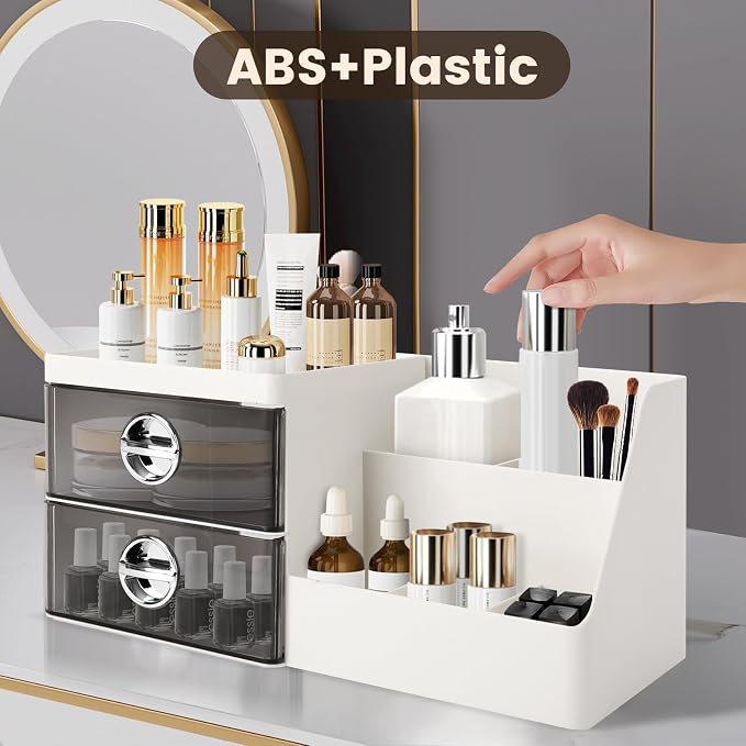 Sunkaioo Makeup Organizer with Clear Drawers,Plastic Skincare Organizers for Vanity,Large Capacity Makeup Organizer Countertop for Cosmetics, Skincare,Office Stationery (Gray Drawer)