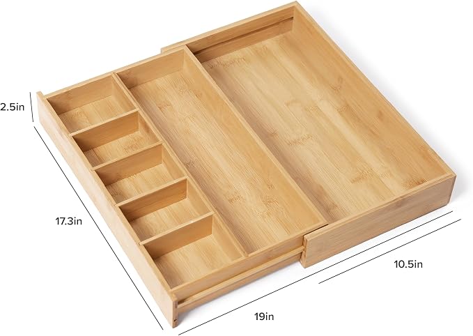 KitchenEdge Adjustable Kitchen Drawer Organizer for Utensils and Junk, Food-Safe Contract Grade with 100% Sustainable Wood, Expandable from 10.5 to 19 Inches Wide - Natural Bamboo