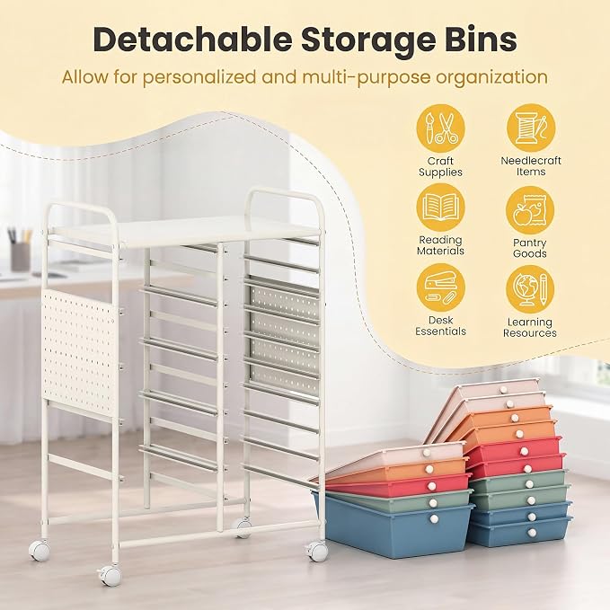 DREAMADE 15-Drawer Rolling Storage Cart, Craft Organizer Cart, Macaron | Mobile Utility Cart with Metal Pegboard Panels, Tabletop and Lockable Wheels for Classroom, Office, Studio and Playroom