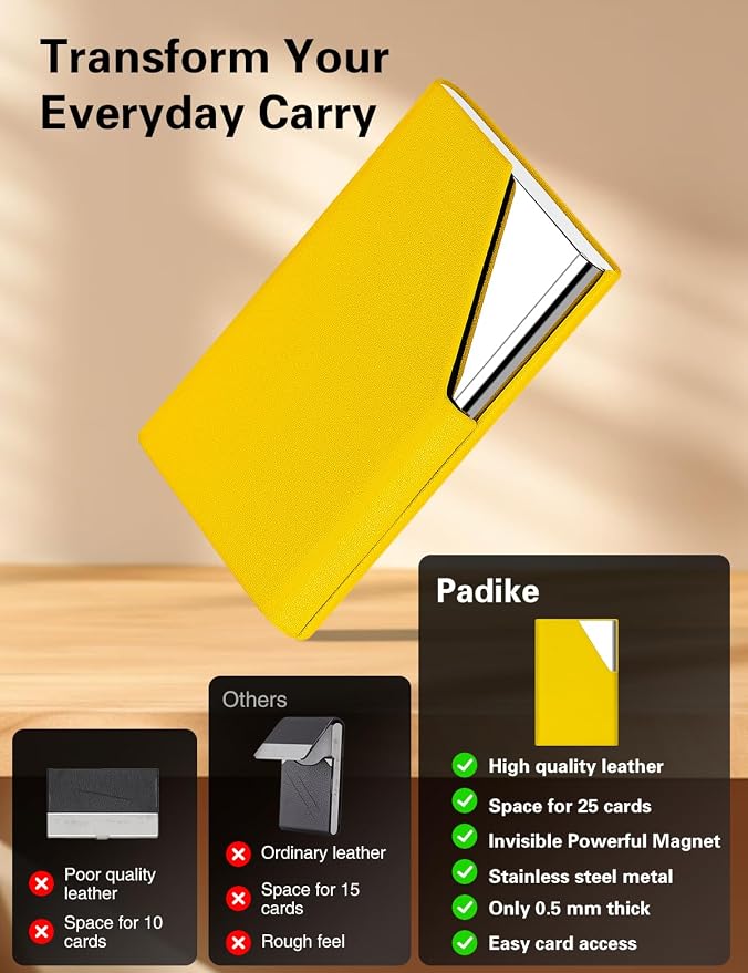 Padike Business Card Holder, Upgraded Leather Business Card Case Pocket Card Holders for Men or Women, Metal Slim Name Card Holder RFID Blocking Business Card Carrier with Magnetic Closure (Y-YE)