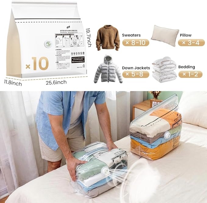 TAILI 10 Pack Cube Vacuum Storage Bags, Medium Size (25x19x11 inch), Vacuum Seal Bags for Clothing, No Pump Compression Packing Cube for Blankets, Baby Clothes