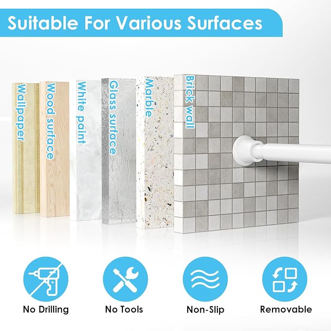 1Pcs Tension Curtain Rod 31 To 63 Inch White Shower Curtain Rod No Drilling Adjustable Spring Loaded Curtain Rods 7/8"Diameter Shower Rods For Bathroom Windows Bedroom Closet Doorway Door