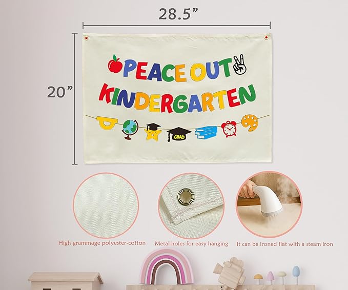 Graduation Banner Party Decor-Rectangular Canvas Banner Poster Wall Sign-Garland for Congratulation Graduation Party Supplies Classroom Front Door Home Decorations-Peace Our Kindergarten