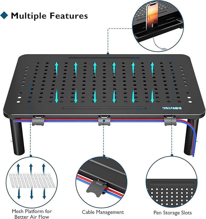 BONTEC 2 Pack Adjustable Monitor Stand Riser with Drawer, Supports 44lbs | Ergonomic Mesh Platform for Desk, Ventilated Laptop and PC Use with Cable Management for a Cooler, Organized Workspace