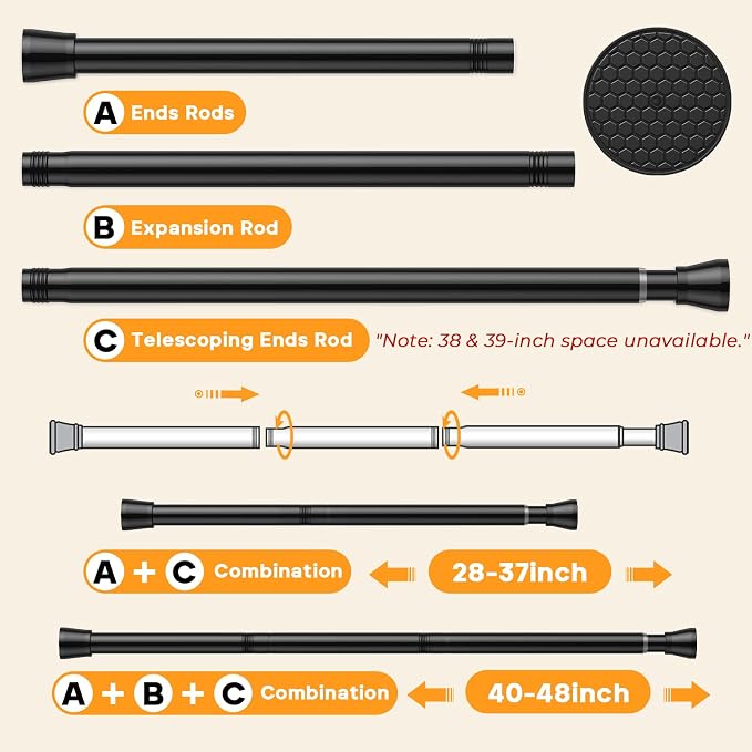 Tension Rods for Windows 28 to 48 Inch - Black | Tension Curtain Rod | Spring Tension Rod, No Drill, Non Slip, Adjustable Curtain Rods