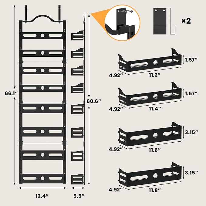 8-Tier Pantry Door Organizer, 2 IN 1 Wall Mount or Over The Door Pantry Organizer, Door Spice Rack with Adjustable Baskets, Over Door Organizer for Kitchen (12.4"W x 5.5"D x 66.1"H,1 Pack, Black)