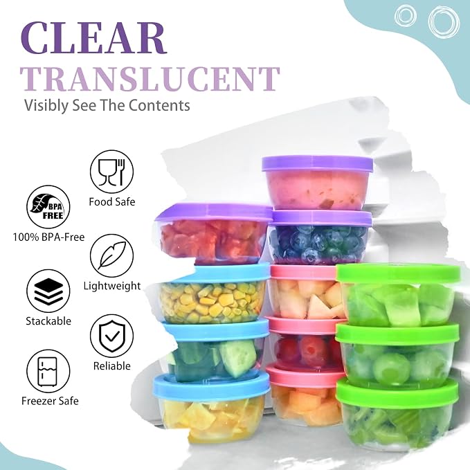 TOFLEN 5 oz Small Plastic Freezer Containers, 12 Pcs, Multicolor | Reusable Food Storage Containers with Twist Lids, BPA-free, Leakproof & Airtight, Freezer Safe, Dishwasher Safe