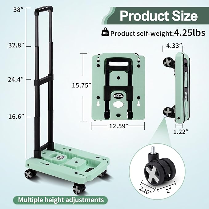 Folding Hand Truck Lightweight Hand Truck Dolly Foldable,Luggage cart with 4 Rotate Wheels, Utility Cart with Adjustable Handle,Collapsible Dolly for Moving (Black)