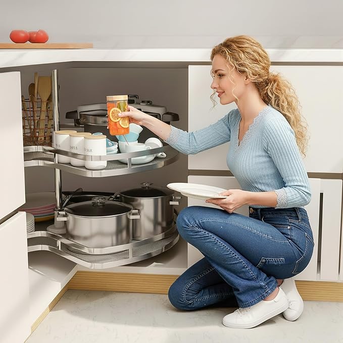 Blind Corner Cabinet Kidney Lazy Susan, Soft Close Rotary Cabinet Organizer 28inch, Corner Cabinet Lazy Susan for Blind Shelf, 2 Tiers Tray, Adjustable Height