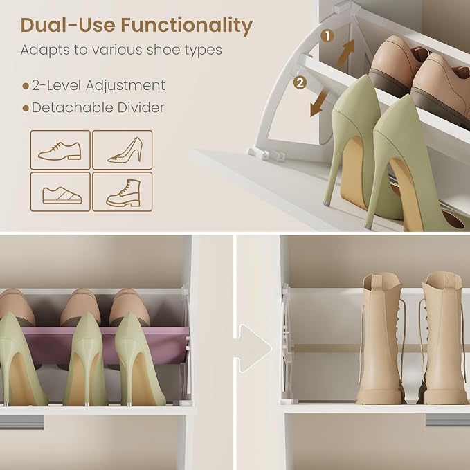 Shoe Cabinet Organizer with 3 Flip Drawers & 3-Tier Adjustable Shelves, Freestanding Shoe Rack Cabinet, Narrow Shoe Storage for Entryway, Foyer, Hallway, 23.6" W × 8.7" D × 47.2" H, White