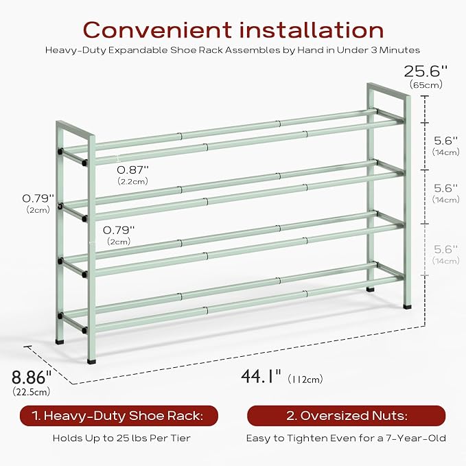 Bumusty 4-Tier Long Expandable Shoe Rack for Closet, 18"-44" Adjustable Shoe Rack for Entryway, 20-24 Pairs Large Shoe Organizer Shelf Storage, Sturdy Metal, Green