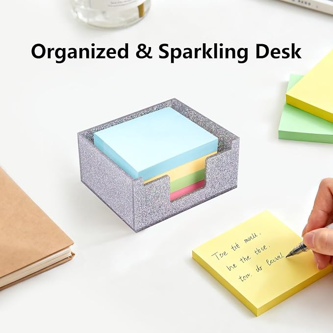 Acrylic Sticky Note Holder 4x4in Tray for Desk, Silver Glitter | Sparkling glitter acrylic tray, fits 3x3 sticky notes, compact organizer for office school and home