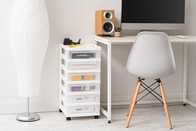 IRIS USA 6-Drawer Rolling Storage Cart, White/Clear | Keep craft supplies, office essentials, classroom items, and accessories organized with easy-access drawers for daily use