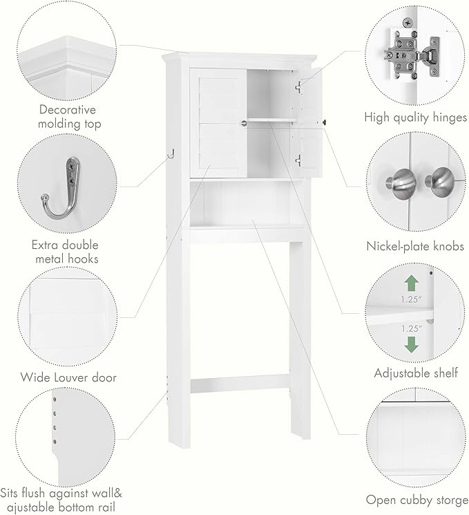 Spirich Over The Toilet Storage Cabinet with Louvered Doors & Hooks, White | Space-Saving Bathroom Organizer, Adjustable Shelf & Bottom Crossbar, 34.4-Inch Clearance, Anti-tip Device, FSC-Certified MDF