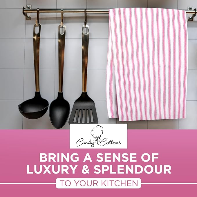Set of 6 Kitchen Towels, 100% Cotton Dish Towels, with Hanging Loop, Dishcloth Sets for Washing & Drying Dishes, Tea Towels & Hand Towels 18x28, French Stripe, Pink