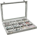 Stratalife 12 Grid Jewelry Holder Organizer: Bracelet Organizer Box with Clear Glass Lid, Velvet Jewelry Storage for Studs, Earrings, Rings, Necklace with Removable Dividers for Dresser, Grey