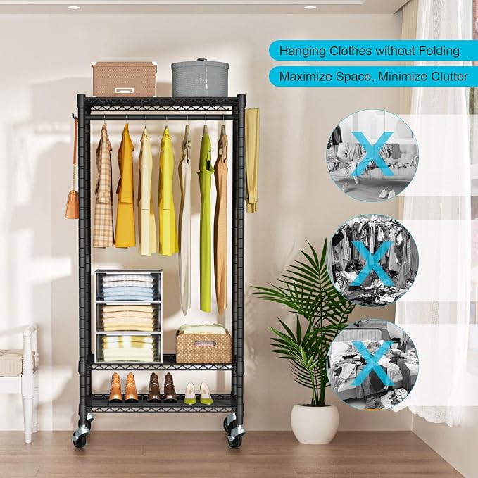 FUTASSI P3 Mini Rolling Clothes Rack, Clothing Racks for Hanging Clothes, Heavy Duty Garment Rack with Wheels, Freestanding Portable Closet Racks 23.6'' W x 14'' D x 78.5'' H, Max Load 430 Lbs, Black
