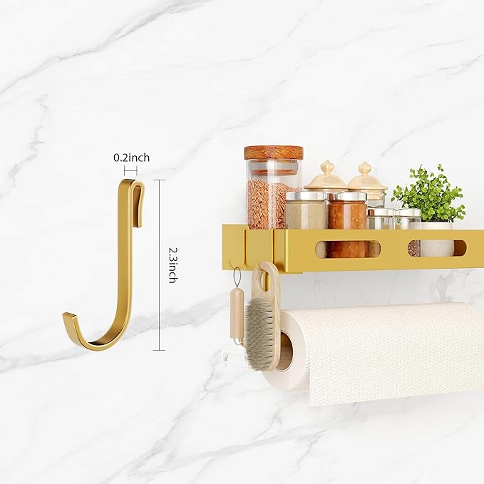 Paper Towel Holder Wall Mount for Kitchen, Paper Towel Holder with Shelf for Bathroom, RV Paper Towel Rack with 2 Hooks, Gold