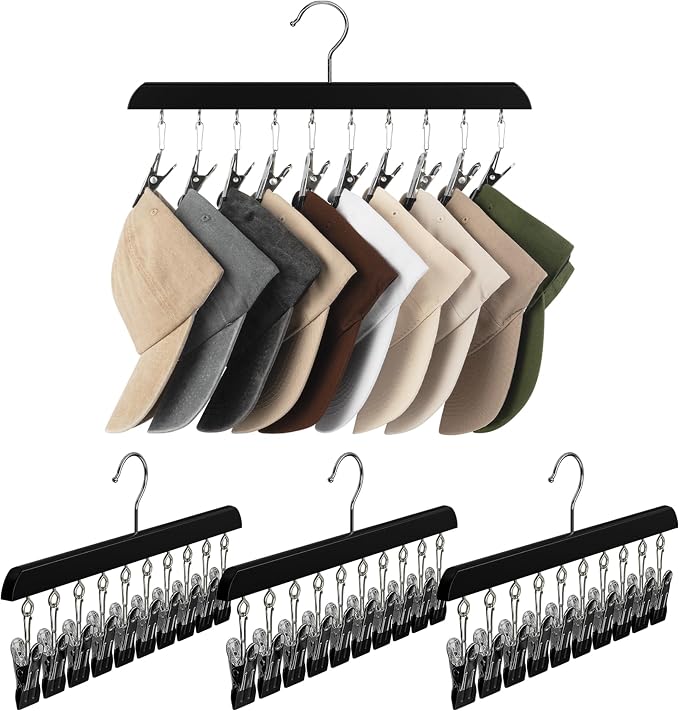 StorageWorks Hat Organizer 2 Pack, Black Cap Hanger Rack with 10 Clips