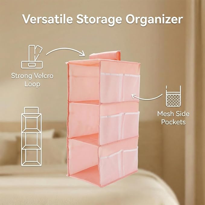 3-Shelf Closet Hanging Organizer Foldable Hanging Storage Shelves with Strong Magic Tapes Space-Saving Wardrobe Hanging Shelf for Clothes Towels Accessories Pink