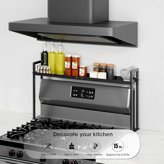 Bumusty Adjustable High Stand Stove Top Shelf – Expandable 4-Level Spice Rack and Kitchen Countertop Organizer, Anti-Slip Metal, 27"–33" Length, 11"–14" Height, Black
