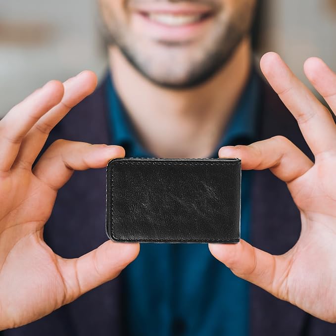 Outus 2 Pcs Business Card Holder, PU Leather Business Card Case Pocket Wallet with Magnetic Shut for Men Women(Black and Light Coffee,Classic)