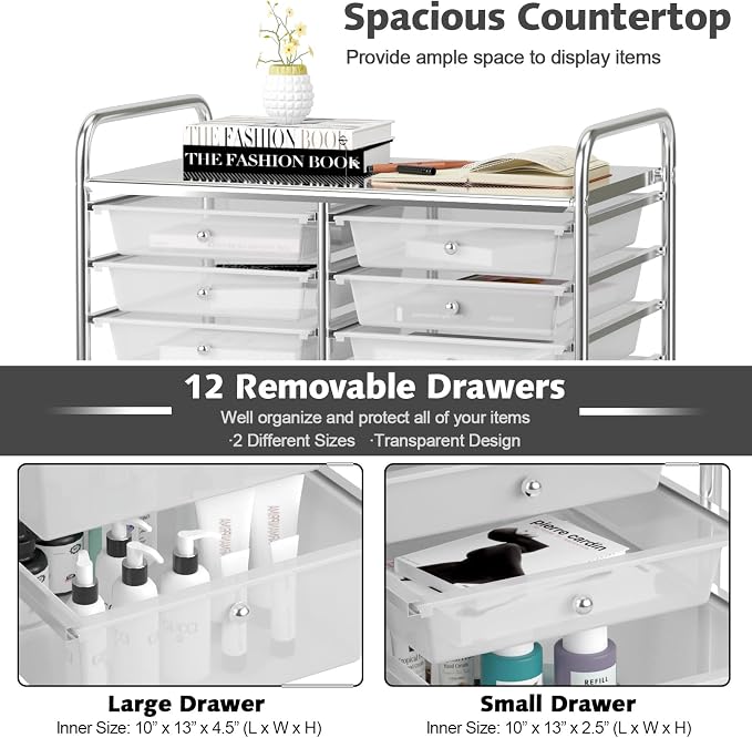 DREAMADE Rolling Cart with Storage Drawers, Utility Cart with Removable Plastic Drawers, Lockable Wheels, Art Cart for Classroom Organization Art Supplies Office Scrapbook (12 Drawers, Transparent)