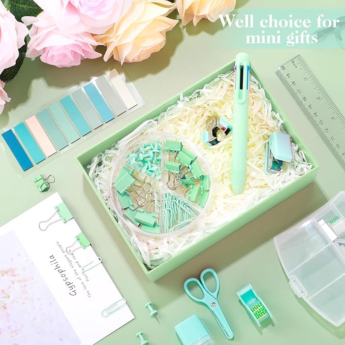 Mini Office Supplies, Turquoise Green School Supplies with Sticky Notes,Mini Stapler,Tape Dispenser,Hole Punch,Staple Remover,Staples,Clips,Scissor,Pen (Green)