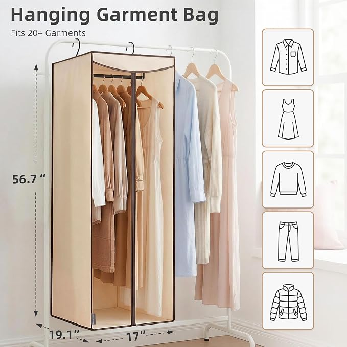 STORAGE MANIAC 57" Hanging Garment Bag Zipper Cover with Sealed Clear Window, Long Garment Cover for Closet Storage Wardrobe Clothes Protector, Large Garment Storage Bag for Dresses, Beige，2-Pack
