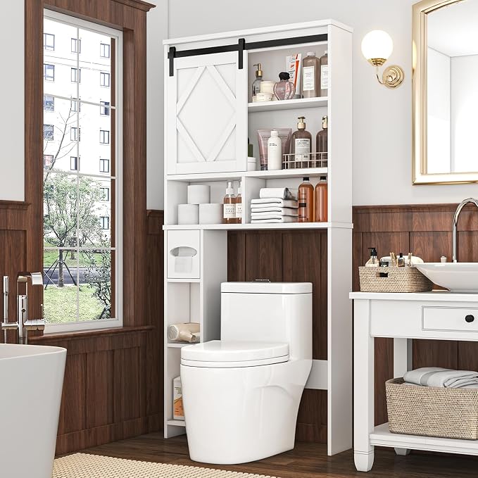Over the Toilet Storage Cabinet with Farmhouse Sliding Barn Door, Above Toilet Organizer with Toilet Paper Holder Stand, Behind Toilet Shelf, Space Saver for Restroom, Bathroom, Laundry, White