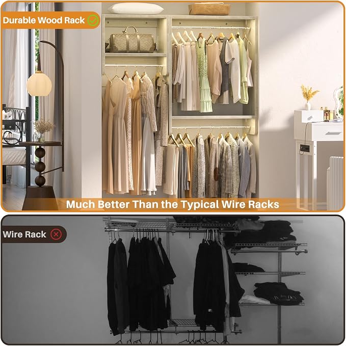 Unikito 36” - 60” Closet System, 5FT Walk in Closet Organizer Starter Kits with 3 Hanging Rod and 3 Shelves, Heavy Duty Reversible Wood Clothing Rack, Cut Be Cut to Fit, Max Load 800 LBS, White Oak