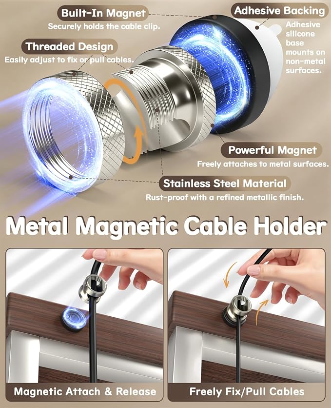 Maveek Magnetic Wire Holder 8-Pack, Stainless Steel Magnet Cord Clips Cable Organizer Home Office Desk Nightstand USB Charge Cords Management Car Dash Cam (Metal Silver)