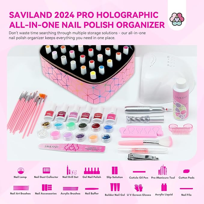 SAVILAND Nail Polish Organizer Bag: PU Leather Nail Polish Storage Organizer Holds 30 Bottles & Nail Lamp, Nail Polish Holder Travel Carrying Case Box Nail Tech Organizer Storage Bag for Nail Supplies