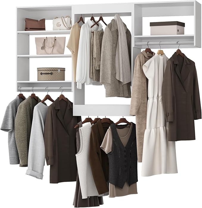 Modular Closet, 66" Wide Organizer with Hanging Shelves, Wood Tower Storage for Walk-in Closets, Wall Mounted Wardrobe, Bedroom, White