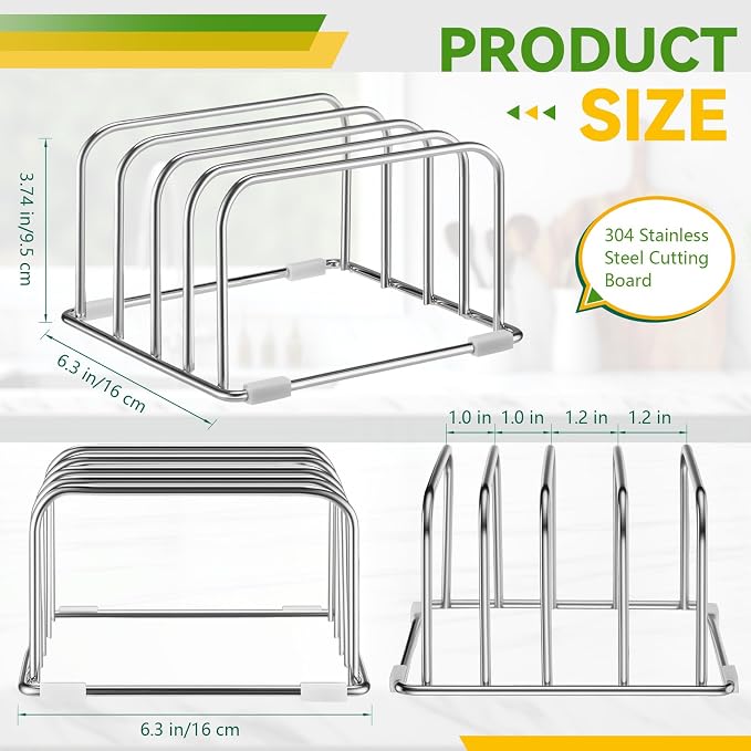 304 Stainless Steel Cutting Board Organizer Rack Cutting Board Holder Stand with Compact 4 Slots Cookie Sheets Organizer for Kitchen Countertop and Cabinet Storage, 1.0 & 1.2 Inch Wide Slots