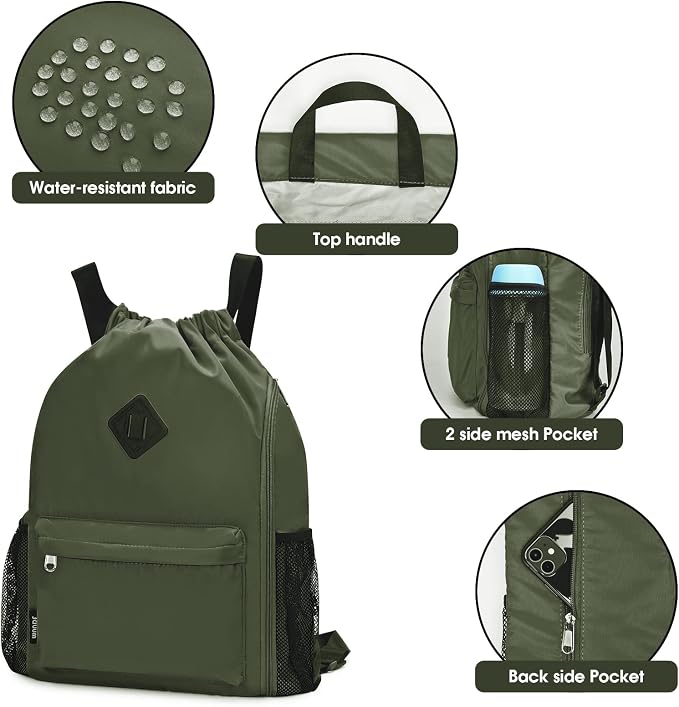 WANDF Drawstring Backpack with Shoe Compartment, Sports Gym Bag | Multi-Pocket Storage, Water-Resistant Fabric, Cinch String Bag