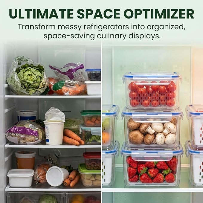 Fruit Storage Containers for Fridge with Removable Colander, Airtight Produce Storage Containers with Lids, Fridge Organizers and Storage for Berry, Fruit, Vegetables, Salad & Meal Prep (Gray, L)