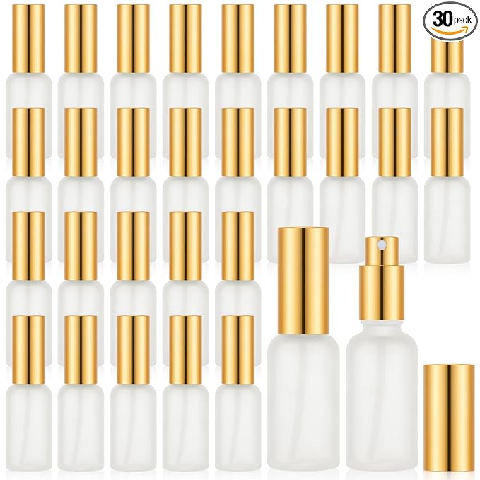 Roshtia 30 Pcs Glass Spray Bottle Clear Empty Bottles Small Refillable Reusable Perfume Bottle with Fine Mist Sprayer Pump for Face Body Travel(1 oz,Gold)
