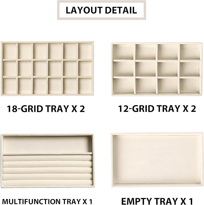 Frebeauty Jewelry Trays for Drawer,Set of 6 Jewelry Organizer and Storage | Velvet Material,Earring Holder Organizer,Stackable Jewelry Display for Vanity,Drawer Inserts for Rings,Studs,8.3×4.9 inch
