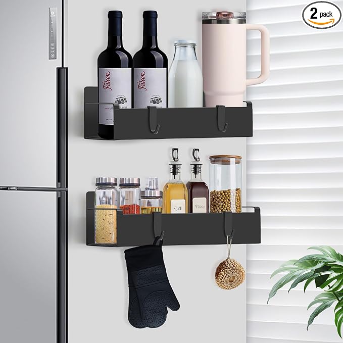 2 Pack Magnetic Storage Rack - Cup Holder for Stanley 30oz & Spice Organizer with Detachable 4 Hooks, for Fridge Cabinet Kitchen