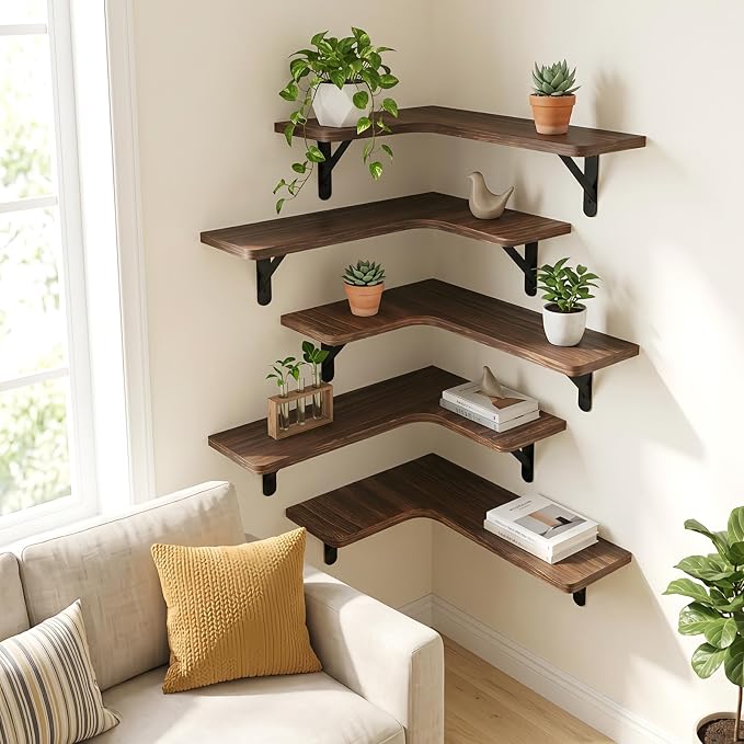 Fixwal Corner Floating Shelves for Wall Set of 5, Rustic Wood Wall Mounted Shelf for Bathroom, Kitchen, Bedroom, Home Decor, Laundry Room, Living Room (Dark Carbonized Black)