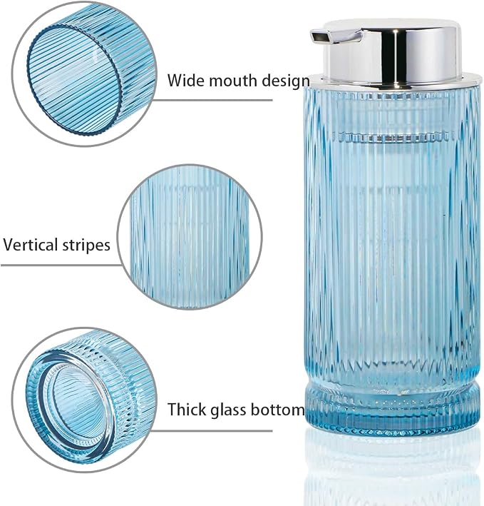 Foaming Soap Dispenser, Glass Foam Hand Soap Dispenser with Pump, 14 Oz Bathroom Refillable Liquid Lotion Pump Ribbed Bottle Container for Kitchen Countertop Decor (1, Blue Silver)