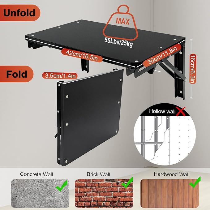Folding Shelf Wall Mounted, 16.5inches Floating Desk for Small Space | Wooden Fold Down Projector Shelf, 2pcs Heavy-Duty Brackets Holds Up to 55lbs for Bedside, Living Room, Home Office, Kitchen
