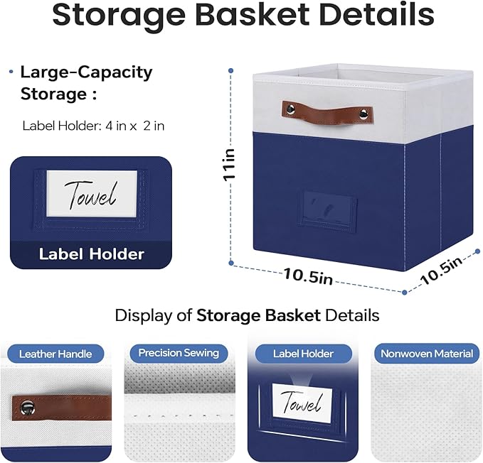 FinishingBo 10.5" x 11" Storage Bins with Labels 6 Pack | PU Leather Handles, Foldable Storage Cubes, Storage Baskets, Closet Storage, White/Blue