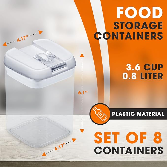 Set of 8 Airtight Food Storage Containers - Pantry Organizer Bins, BPA Free Plastic Containers plus Dry Erase Marker and Labels, White