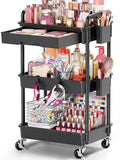 Goovilla Rolling Makeup Organizer Cart with Removable Drawer, 3 Tier Stable Black Floor Skincare Storage Cart for Vanity, Cosmetic Display, Nail Polish, Perfume, Hair Stuff, Beauty, Bathroom(Plastic)
