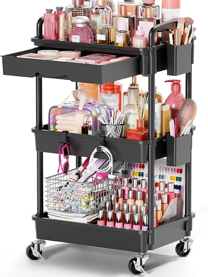 Goovilla Rolling Makeup Organizer Cart with Removable Drawer, 3 Tier Stable Black Floor Skincare Storage Cart for Vanity, Cosmetic Display, Nail Polish, Perfume, Hair Stuff, Beauty, Bathroom(Plastic)