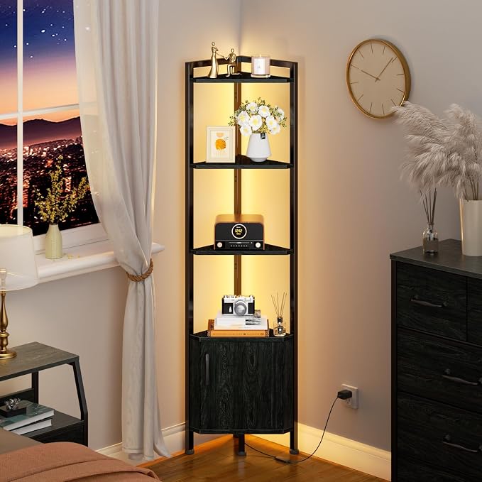 Furnulem Corner Shelf,5-Tier Corner Cabinet with Storage and LED Light, 62.8” Standing Display Bookshelf for Bedroom, Living Room, Kitchen, Wood Display Shelf (Black Oak) | 62.8”Tall Corner Bookshelf with Storage Rack for Bedroom,Living Room,Kitchen,Me...