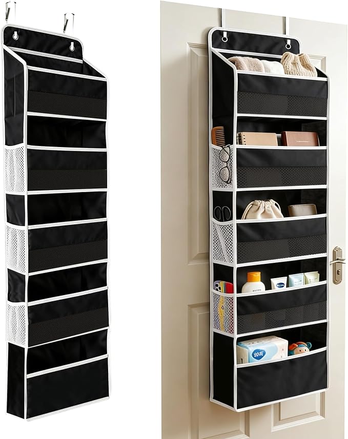 Over the Door Organizer, Door Storage Organizer with Large Capacity Pockets, Hanging Shelves for Bedroom, Closet, Dorm, Pantry (Black, 5-Tier)